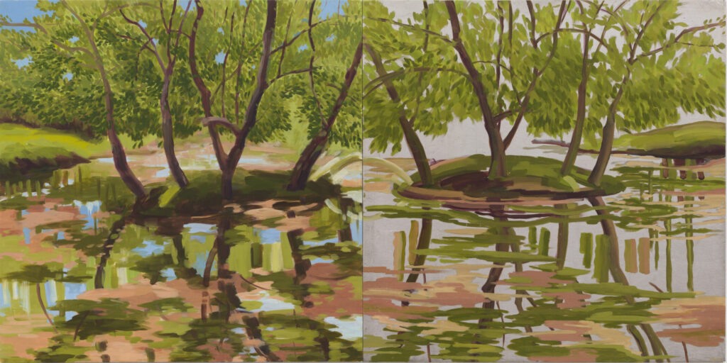 Kay WalkingStick (b. 1935), July Low Water, 2010, oil and palladium leaf on panel in two parts. Courtesy the artist and Hales, London and New York. Photo by JSP Art Photography. © Kay WalkingStick